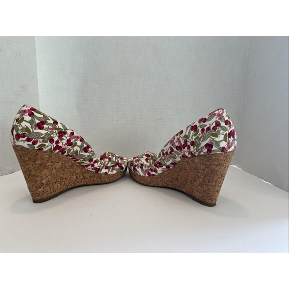 H&M Cork Wedge High Heels Canvas Cherries Peep Toe Size 8 - Picture 7 of 11